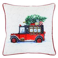 Vankúš zamatový s výplňou, biely - vianočné auto, 100% polyester, 45 x 45 cm.